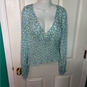 Chance Floral Smocked Long Sleeve Deep V Tie Back Blouse 100% Rayon XL